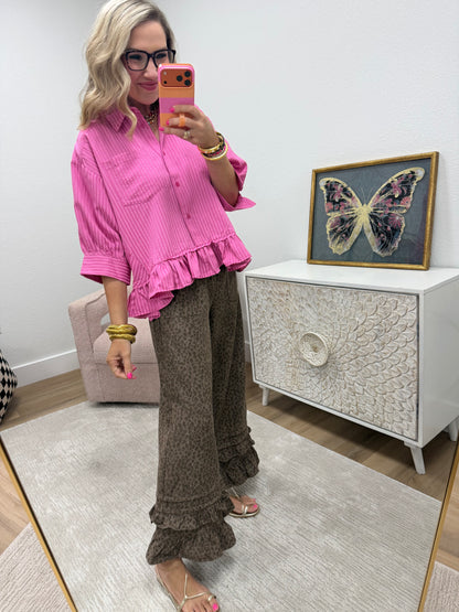 Pink Ruffle With Collar Neck Button Down Top