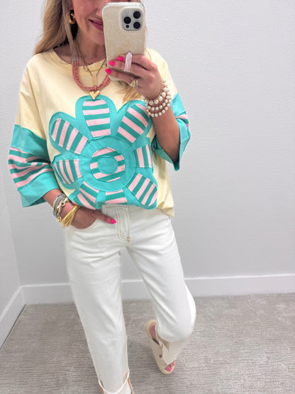 Ivory & Jade Stripe Flower Patchwork Top