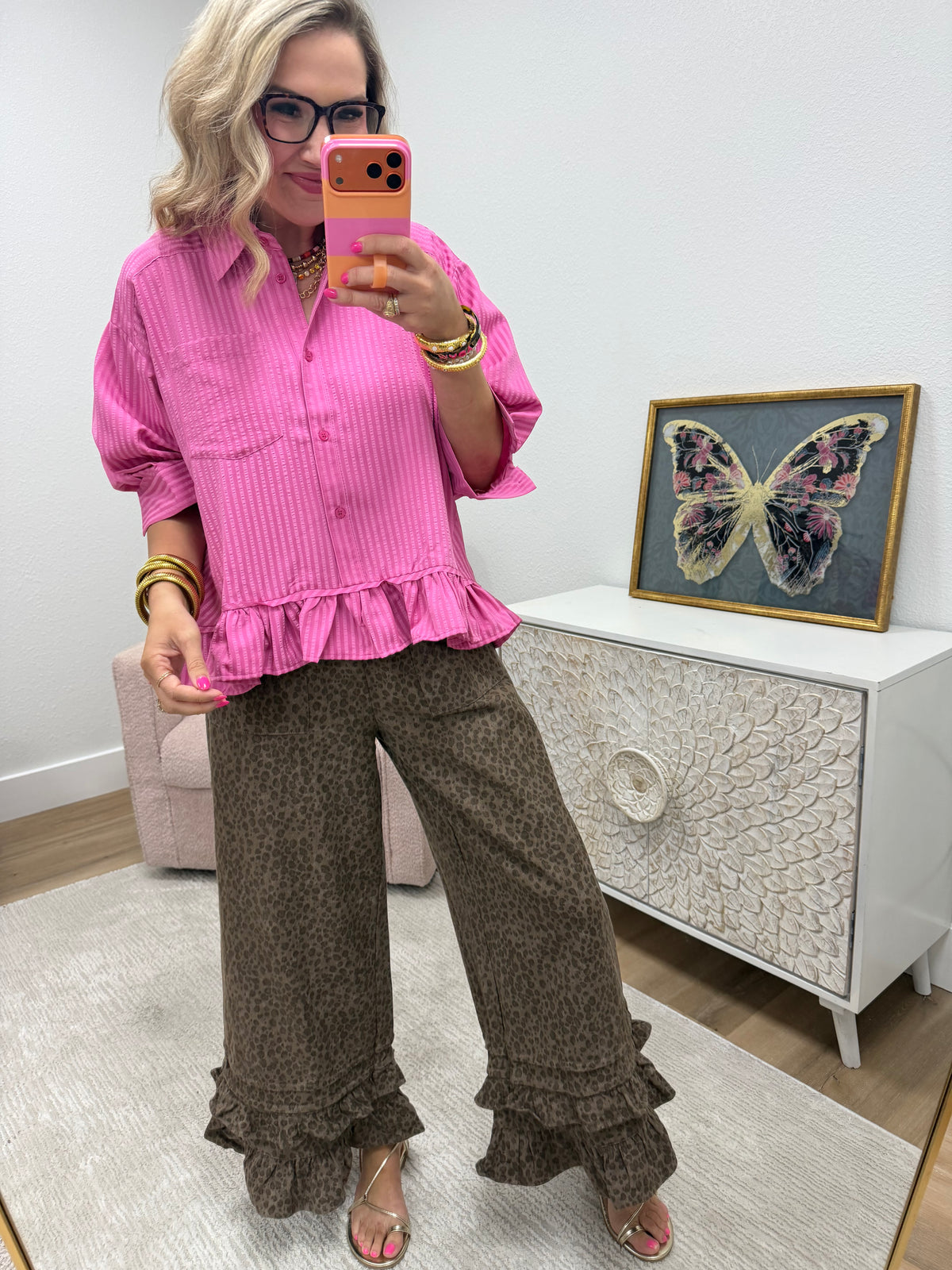 Brown Leopard Denim Ruffle Pants