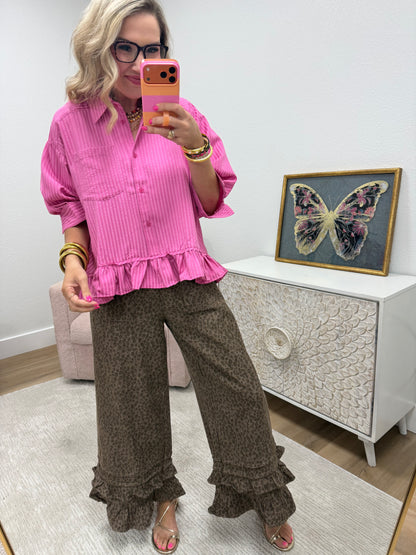 Brown Leopard Denim Ruffle Pants