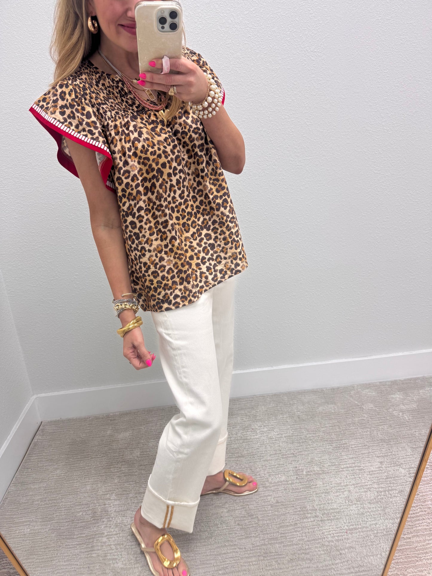 Leopard Top with Red Detailed Sleeves