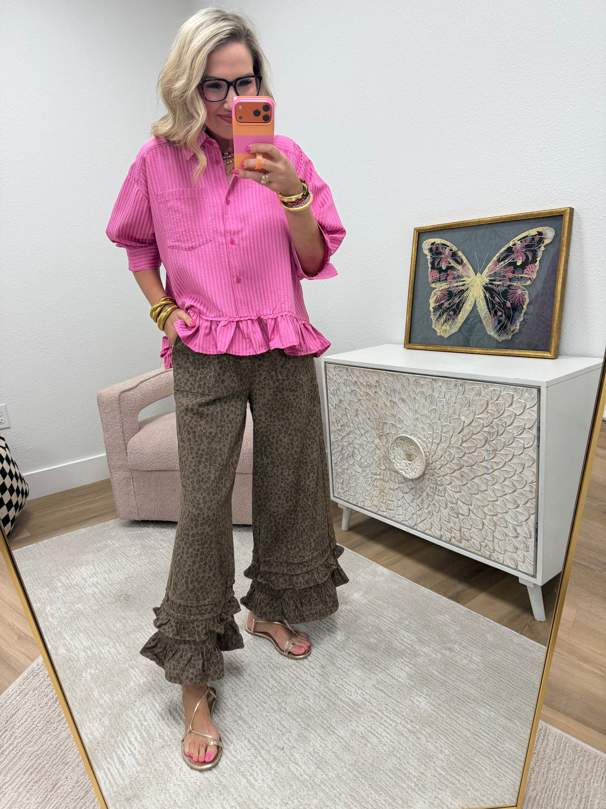 Brown Leopard Denim Ruffle Pants