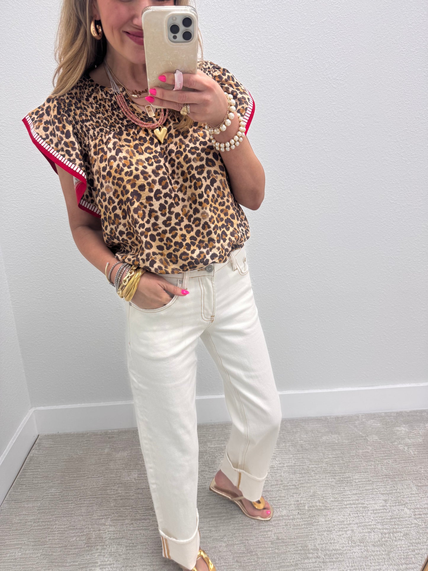 Leopard Top with Red Detailed Sleeves