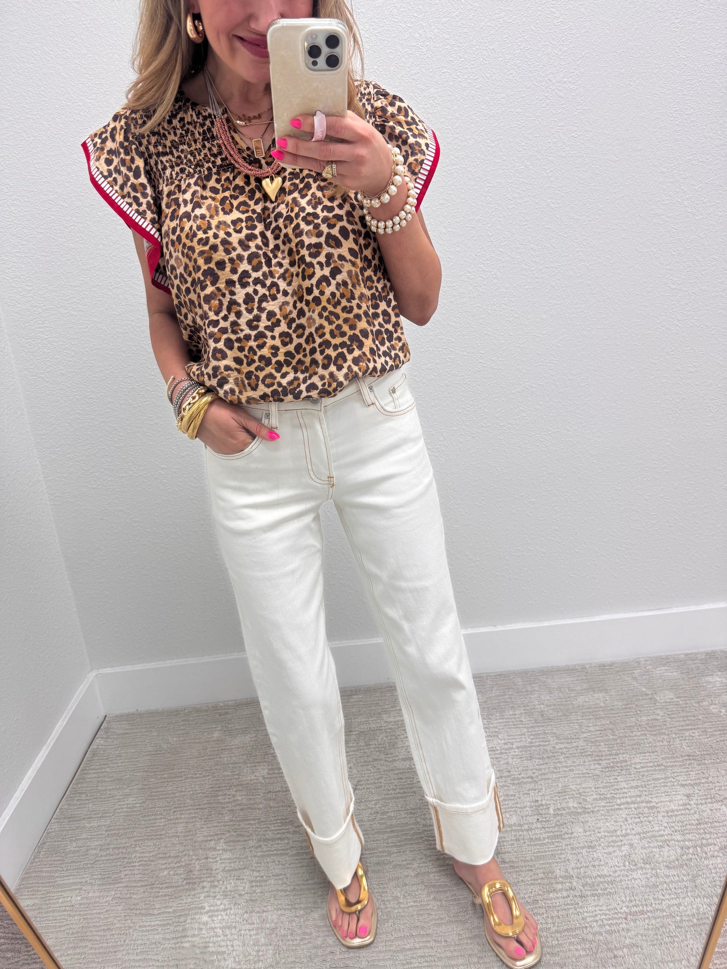 Leopard Top with Red Detailed Sleeves