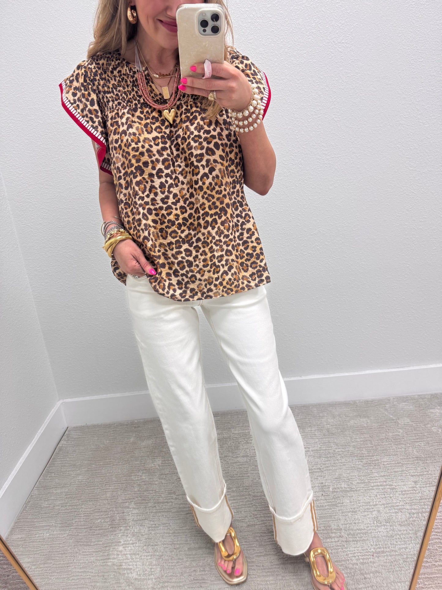 Leopard Top with Red Detailed Sleeves