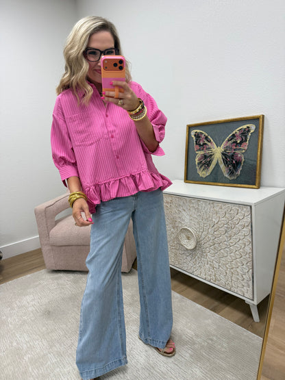 Pink Ruffle With Collar Neck Button Down Top
