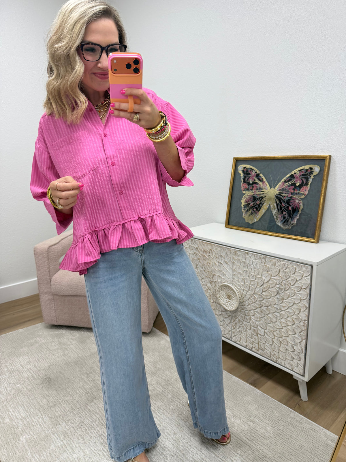 Pink Ruffle With Collar Neck Button Down Top