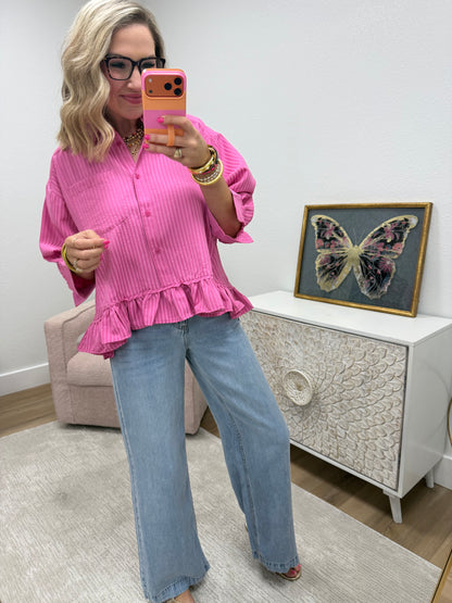 Pink Ruffle With Collar Neck Button Down Top