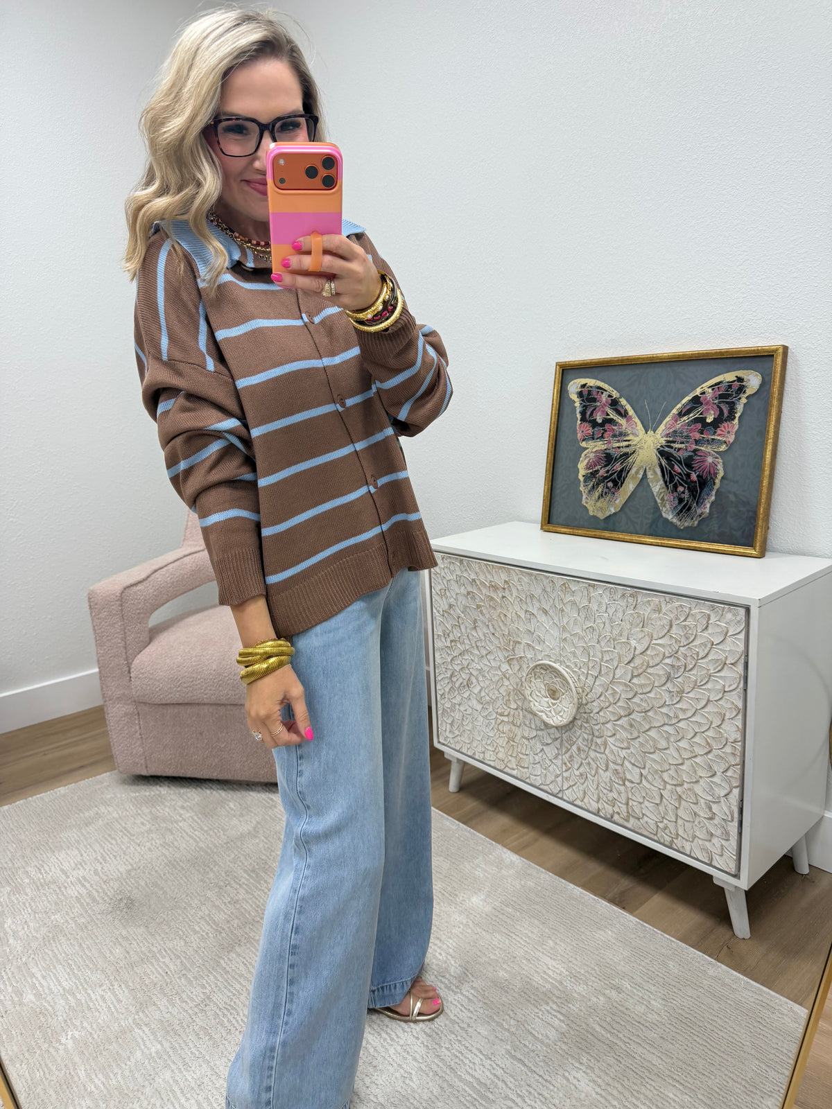 Mocha Oversized Button Down Striped Casual Sweater