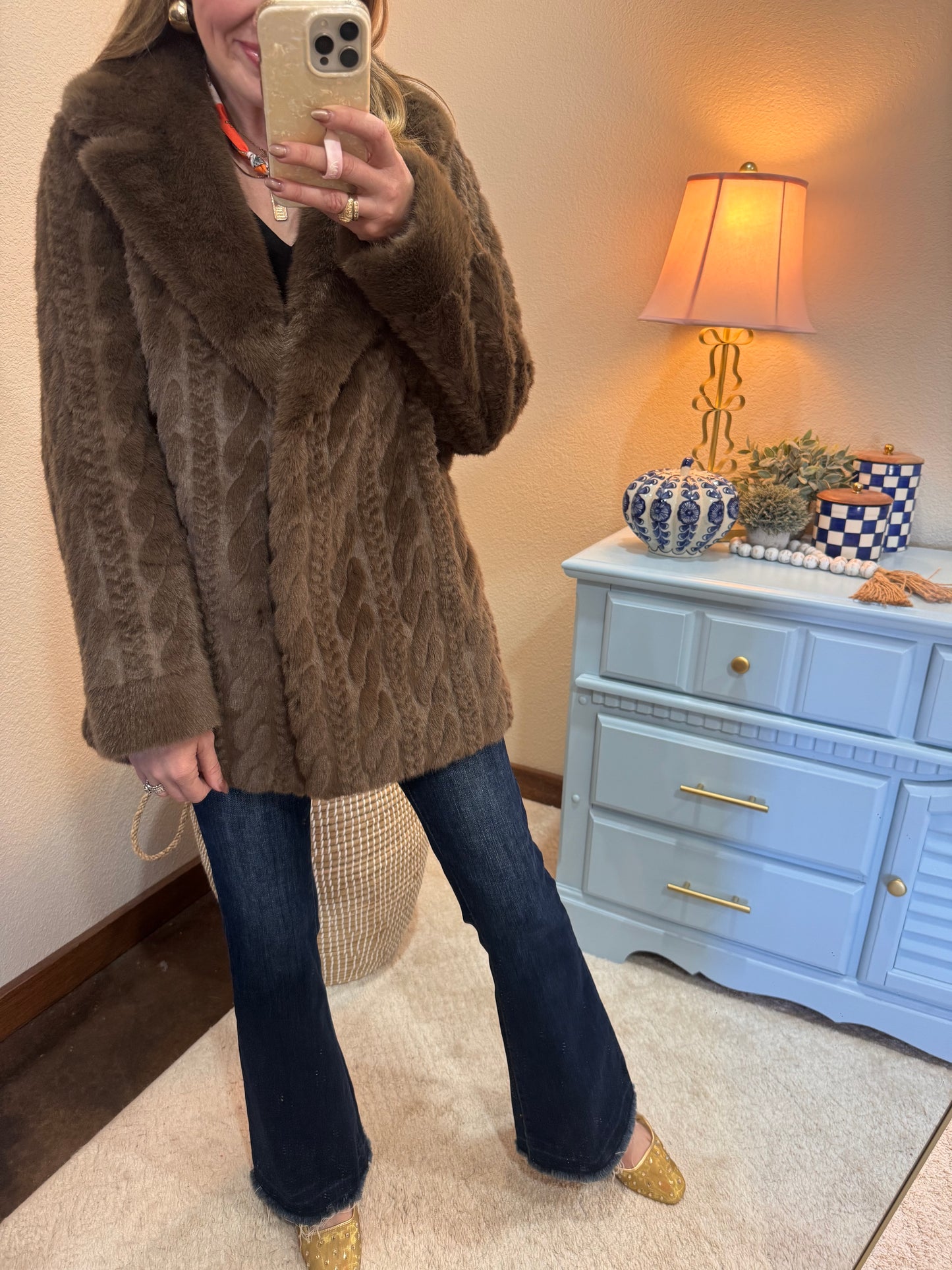 Brown Textured Faux Fur Belted Coat