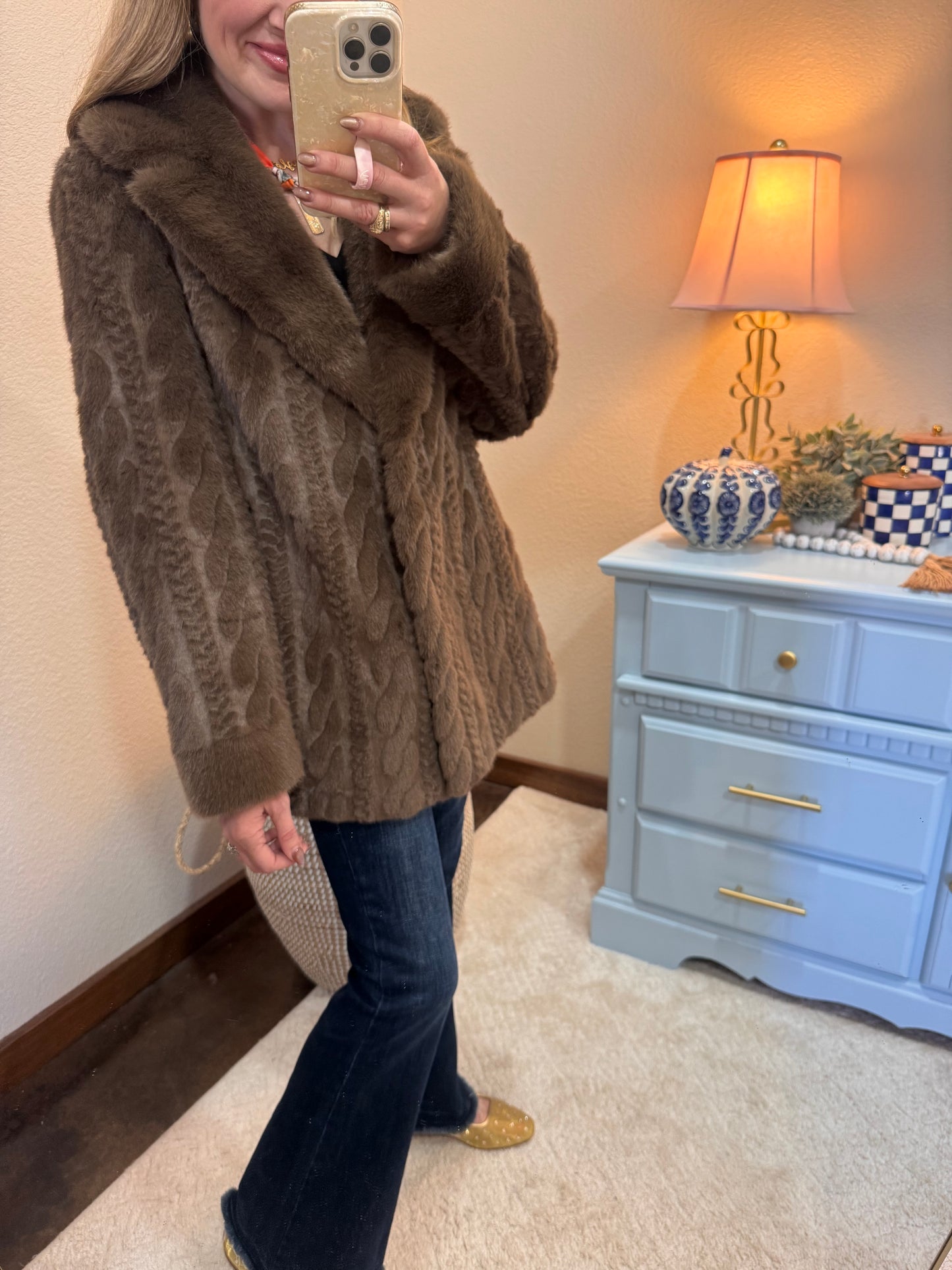 Brown Textured Faux Fur Belted Coat