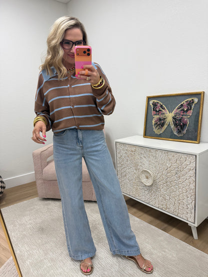 Mocha Oversized Button Down Striped Casual Sweater