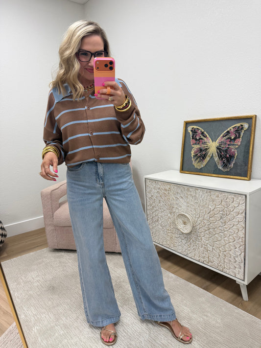 Mocha Oversized Button Down Striped Casual Sweater