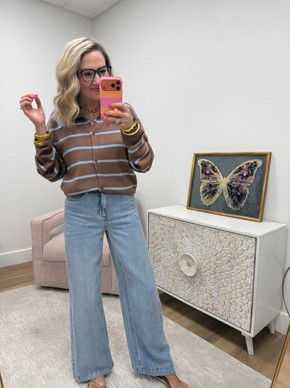 Mocha Oversized Button Down Striped Casual Sweater