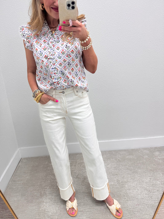 White and Blue Ruffled Flower Top