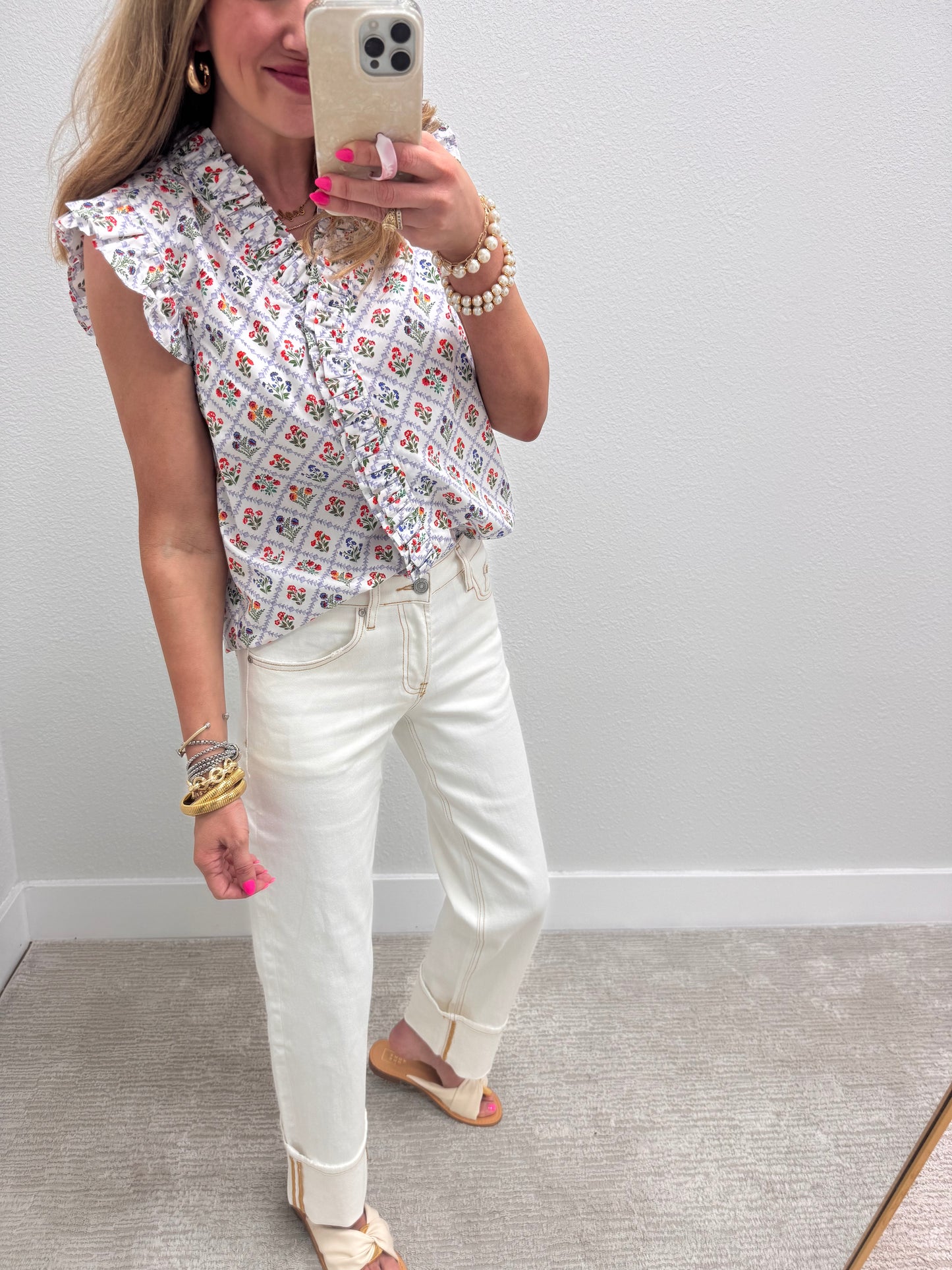 White and Blue Ruffled Flower Top