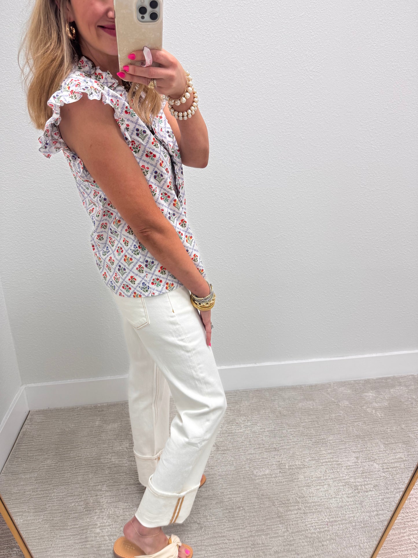White and Blue Ruffled Flower Top