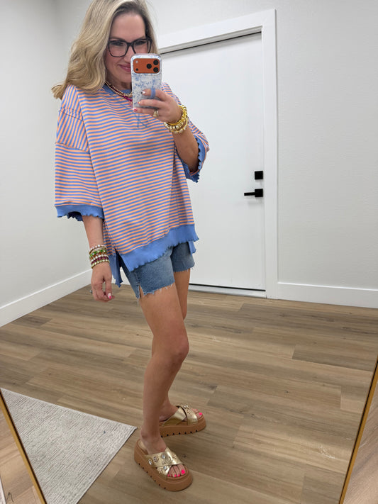 Blue Orange Candy Stripe Lettuce Edge Sweatshirt Top