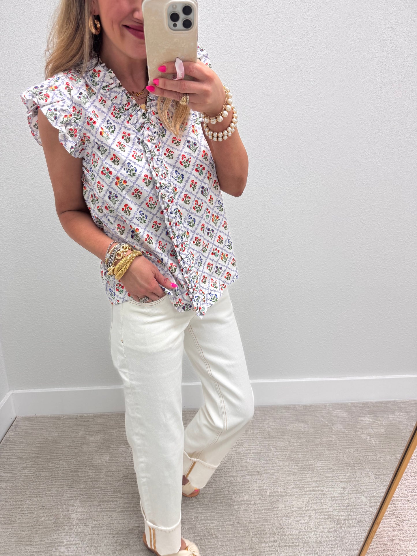 White and Blue Ruffled Flower Top