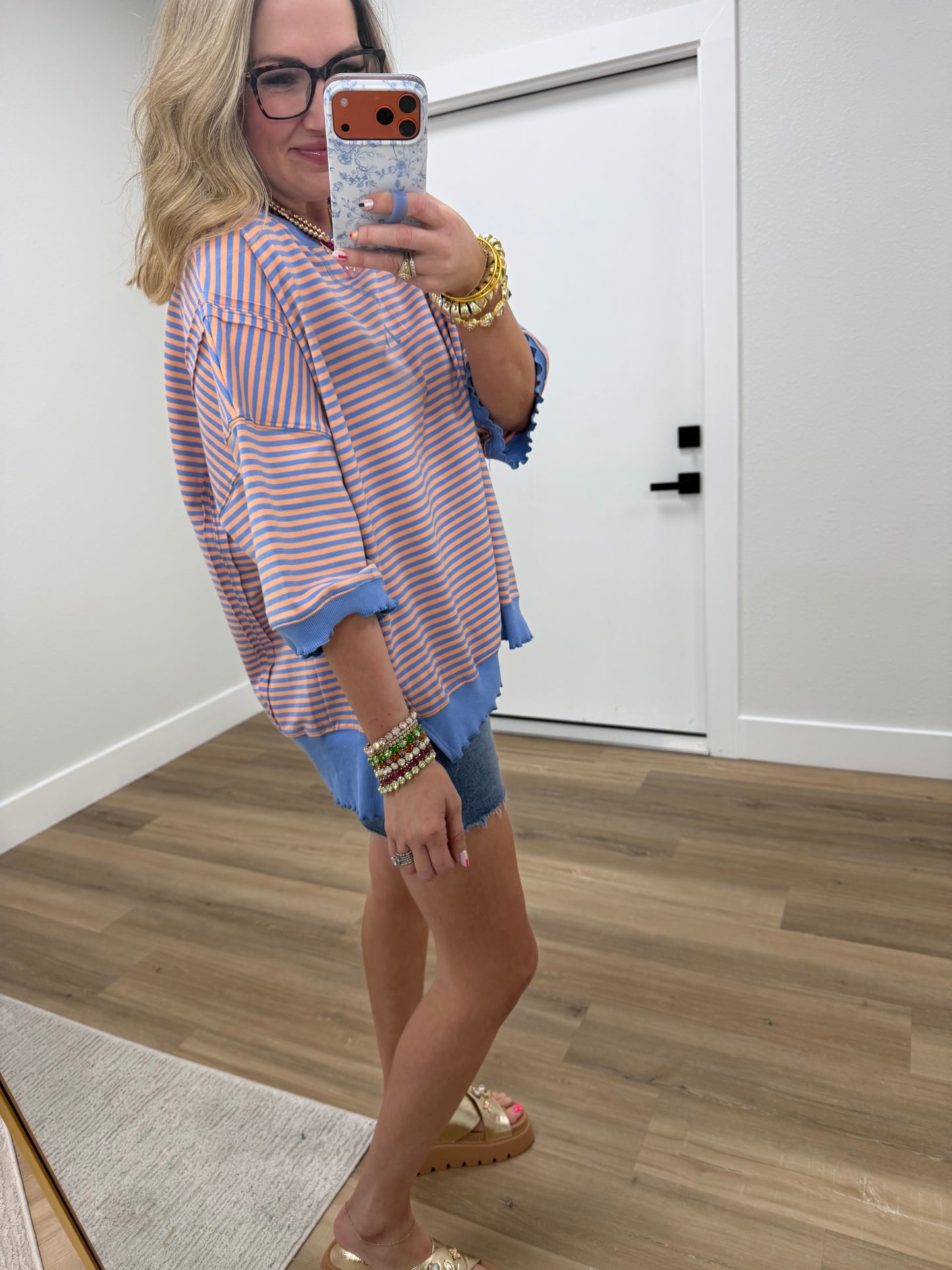 Blue Orange Candy Stripe Lettuce Edge Sweatshirt Top