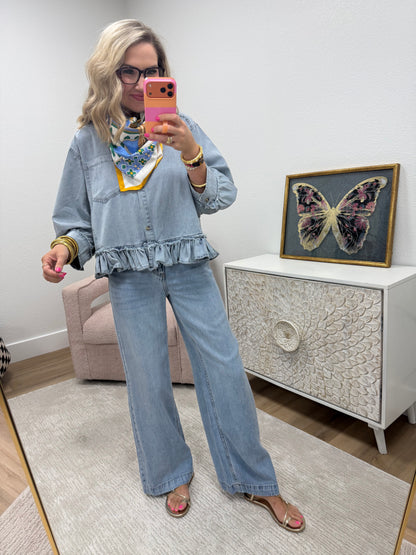 Washed Denim Button Down Ruffle Hem Top
