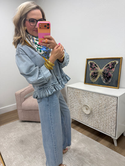 Washed Denim Button Down Ruffle Hem Top