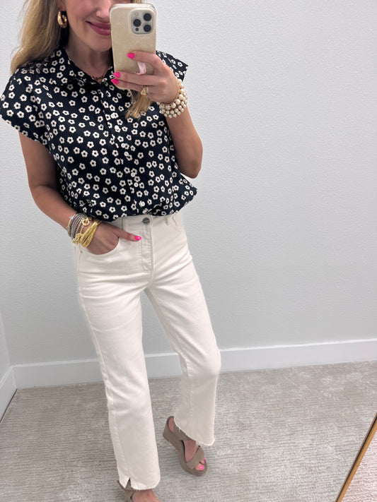 Black and White Flower Button Top