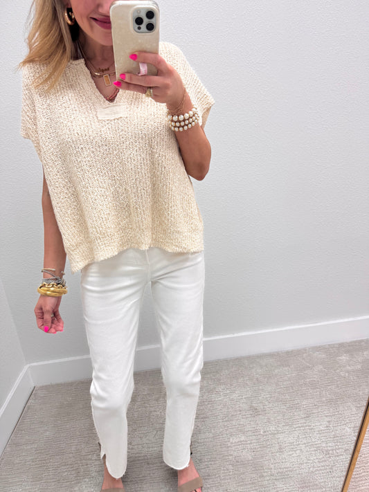 Beige Knit Short Sleeve Top