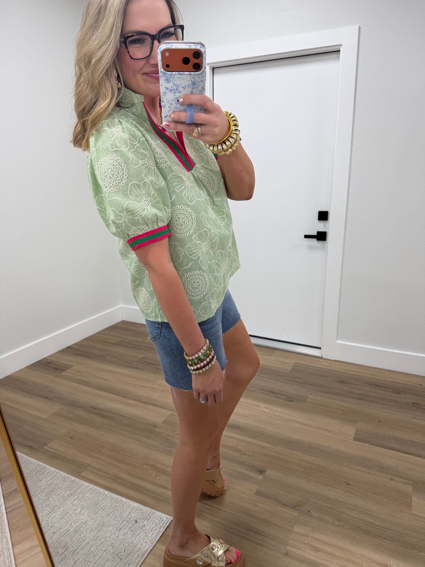 Green Contrast Bands With Floral Embroidery Top