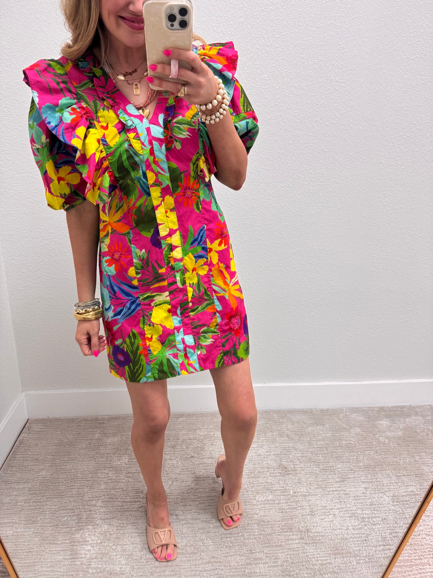 Pink Ruffle Puff Sleeve Floral Dress