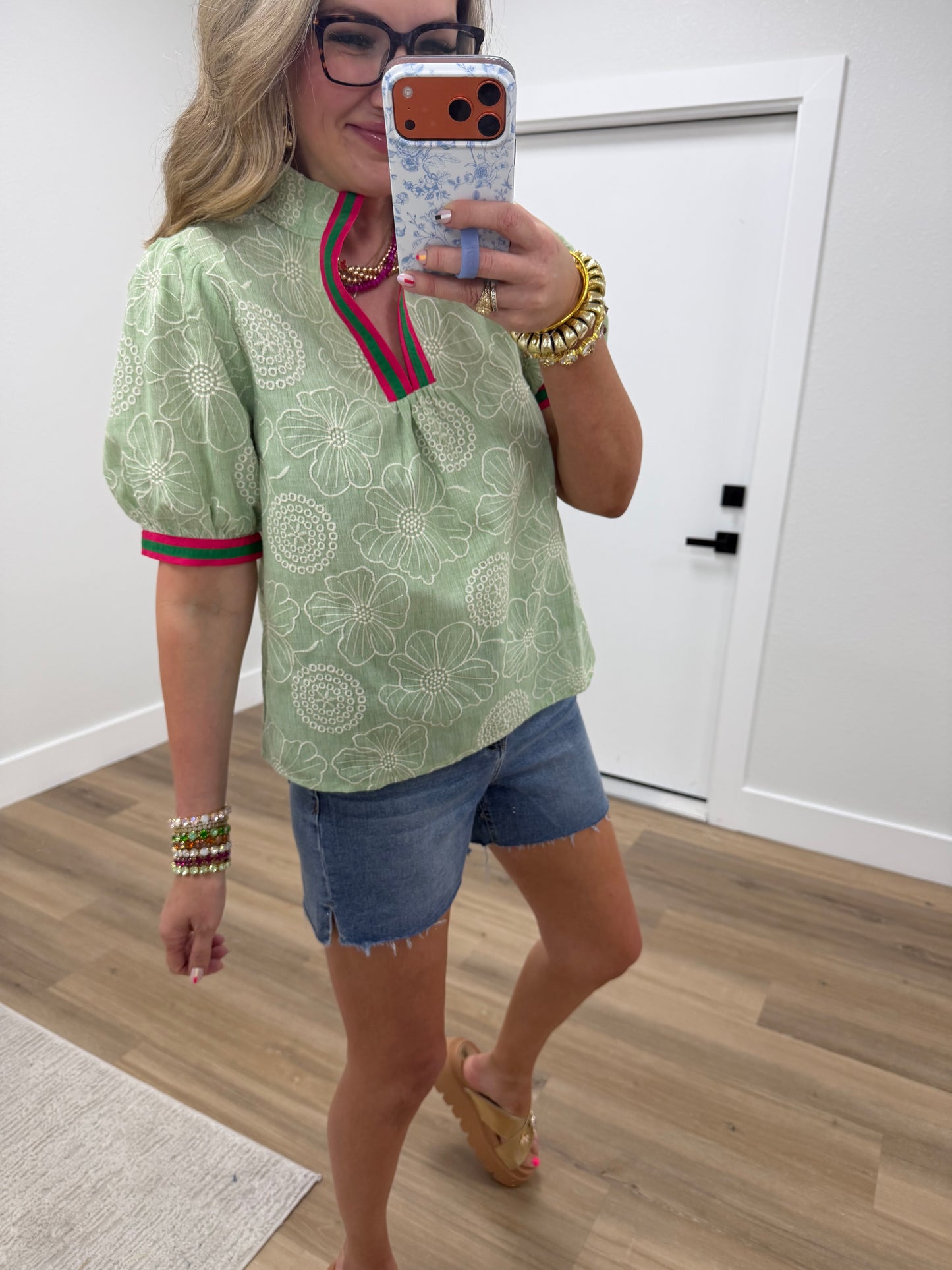Green Contrast Bands With Floral Embroidery Top