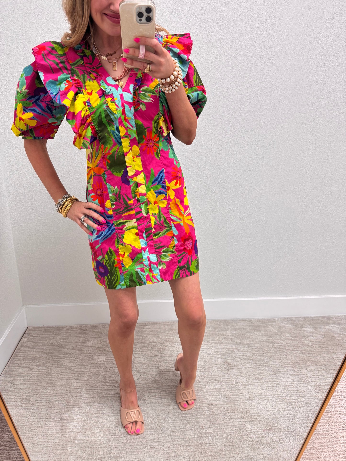 Pink Ruffle Puff Sleeve Floral Dress