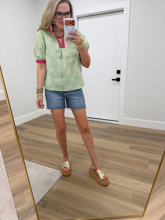 Green Contrast Bands With Floral Embroidery Top