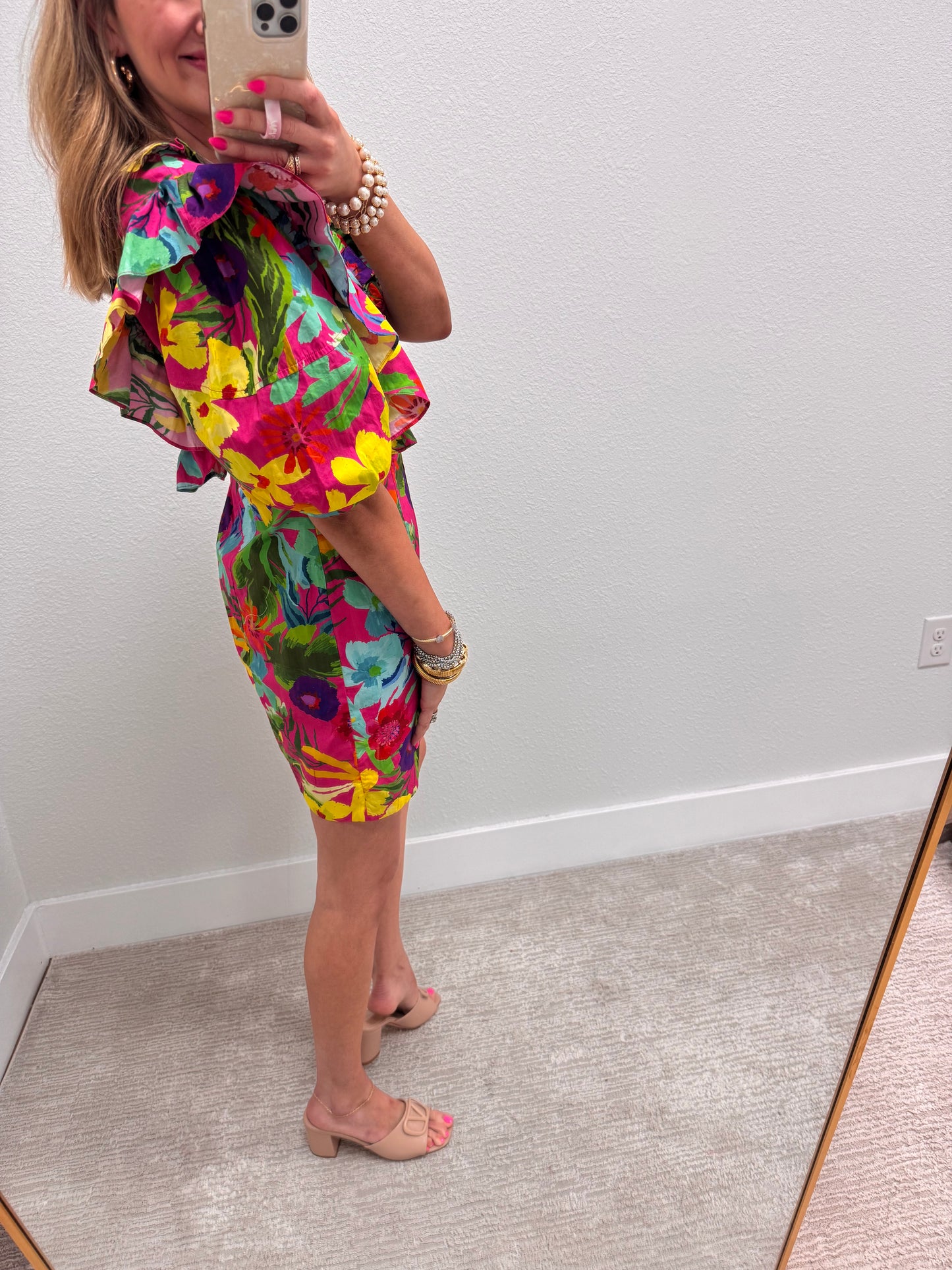 Pink Ruffle Puff Sleeve Floral Dress