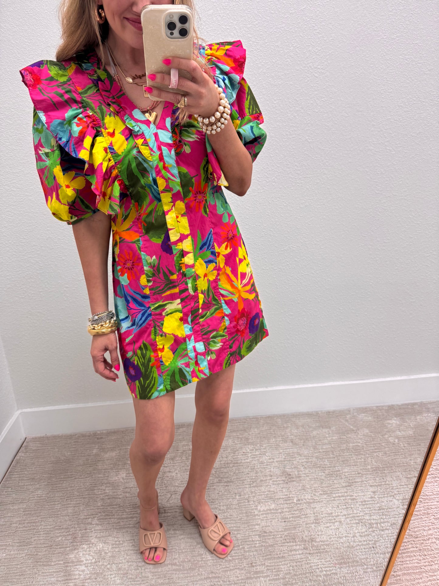 Pink Ruffle Puff Sleeve Floral Dress