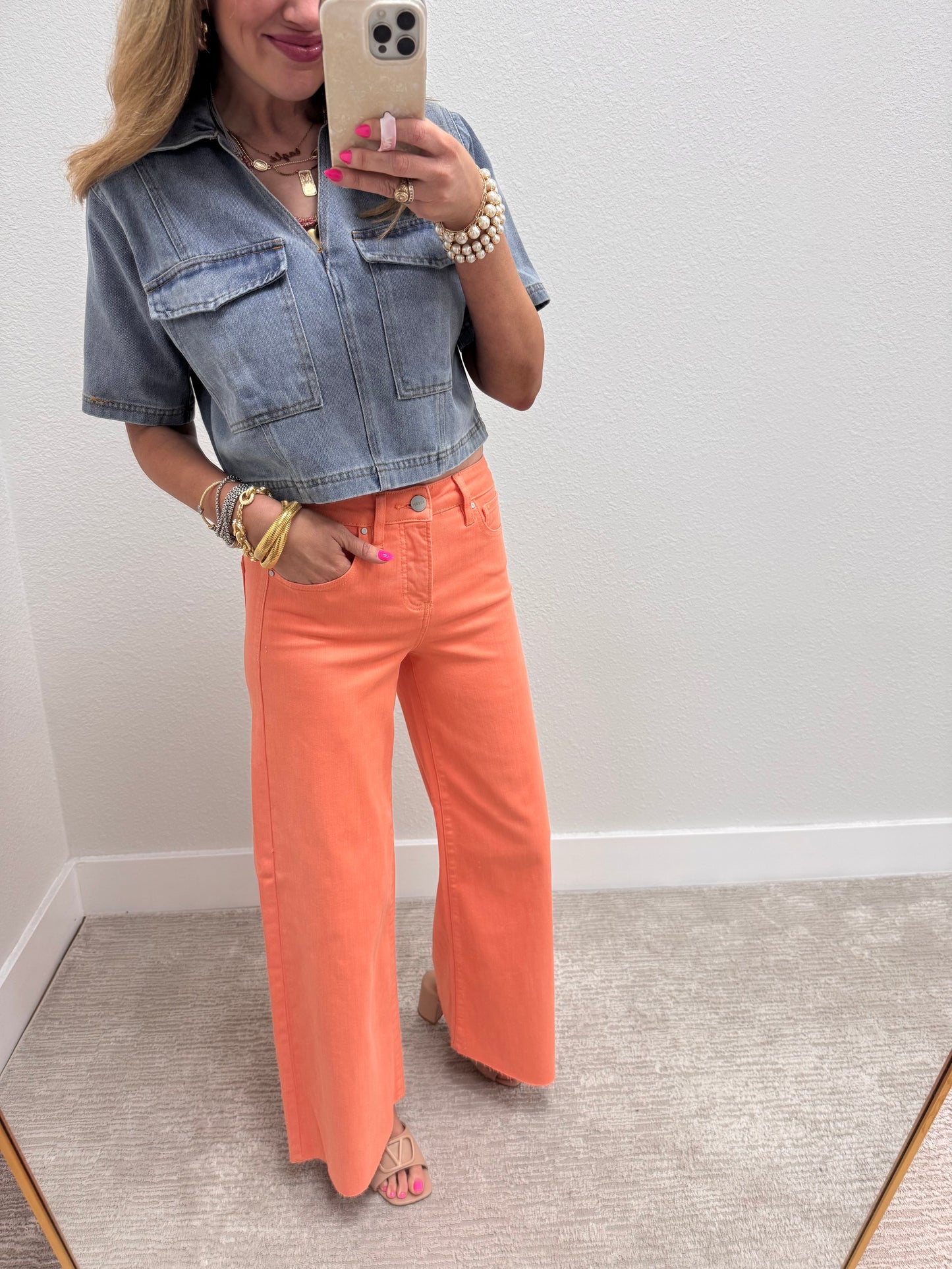 Coral Peach Risen High Rise Wide Leg Jeans FS
