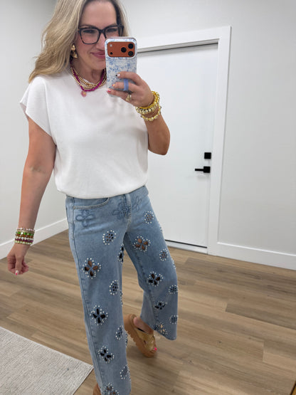 White Round Neck Dolman Sleeve Top