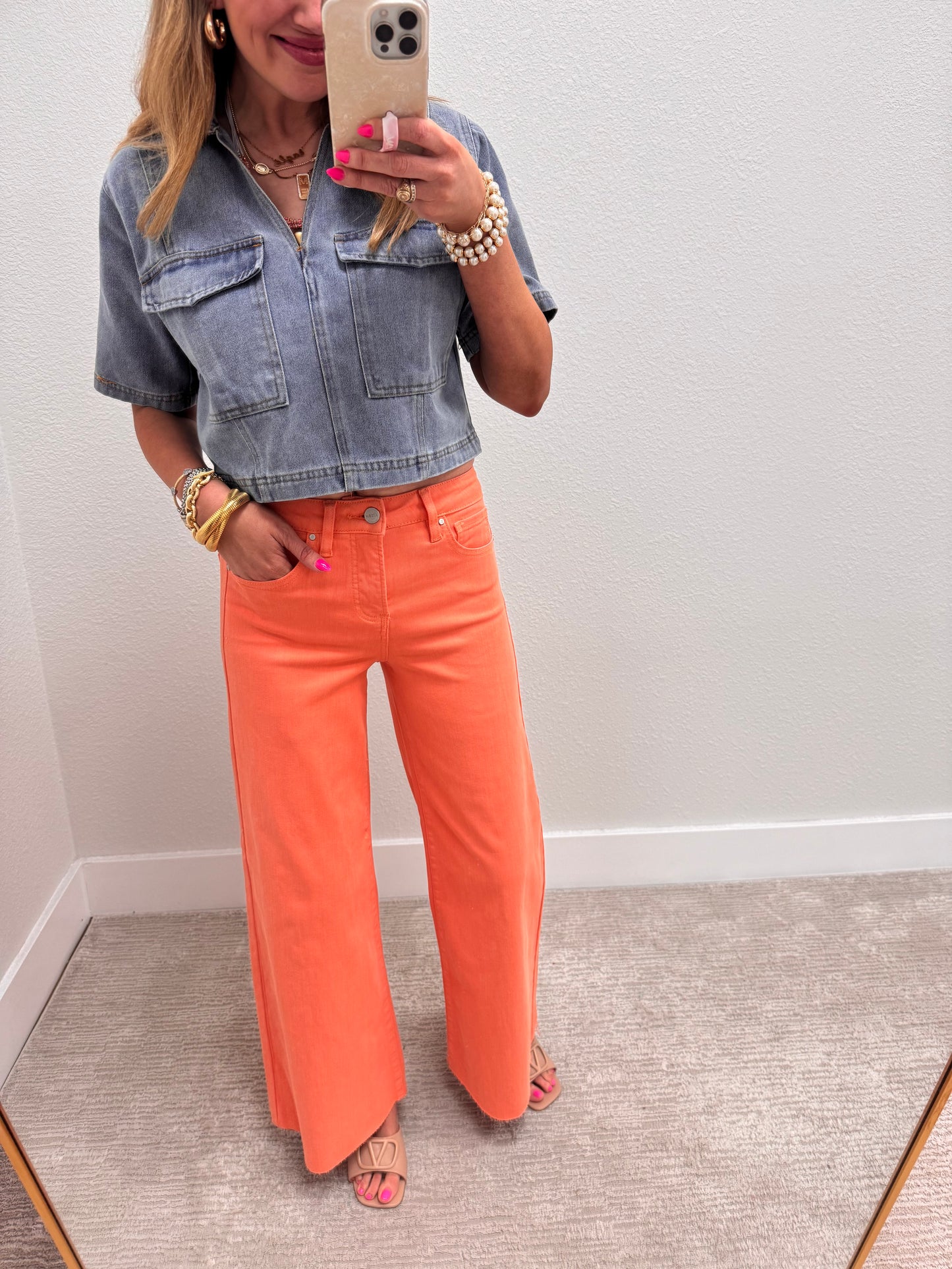 Coral Peach Risen High Rise Wide Leg Jeans FS