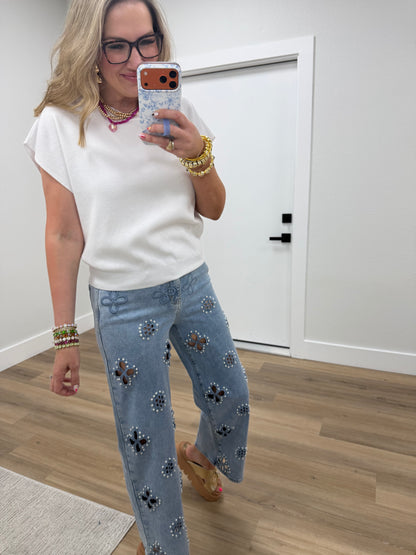 White Round Neck Dolman Sleeve Top