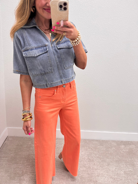 Cropped Denim V Neck Top with Pockets