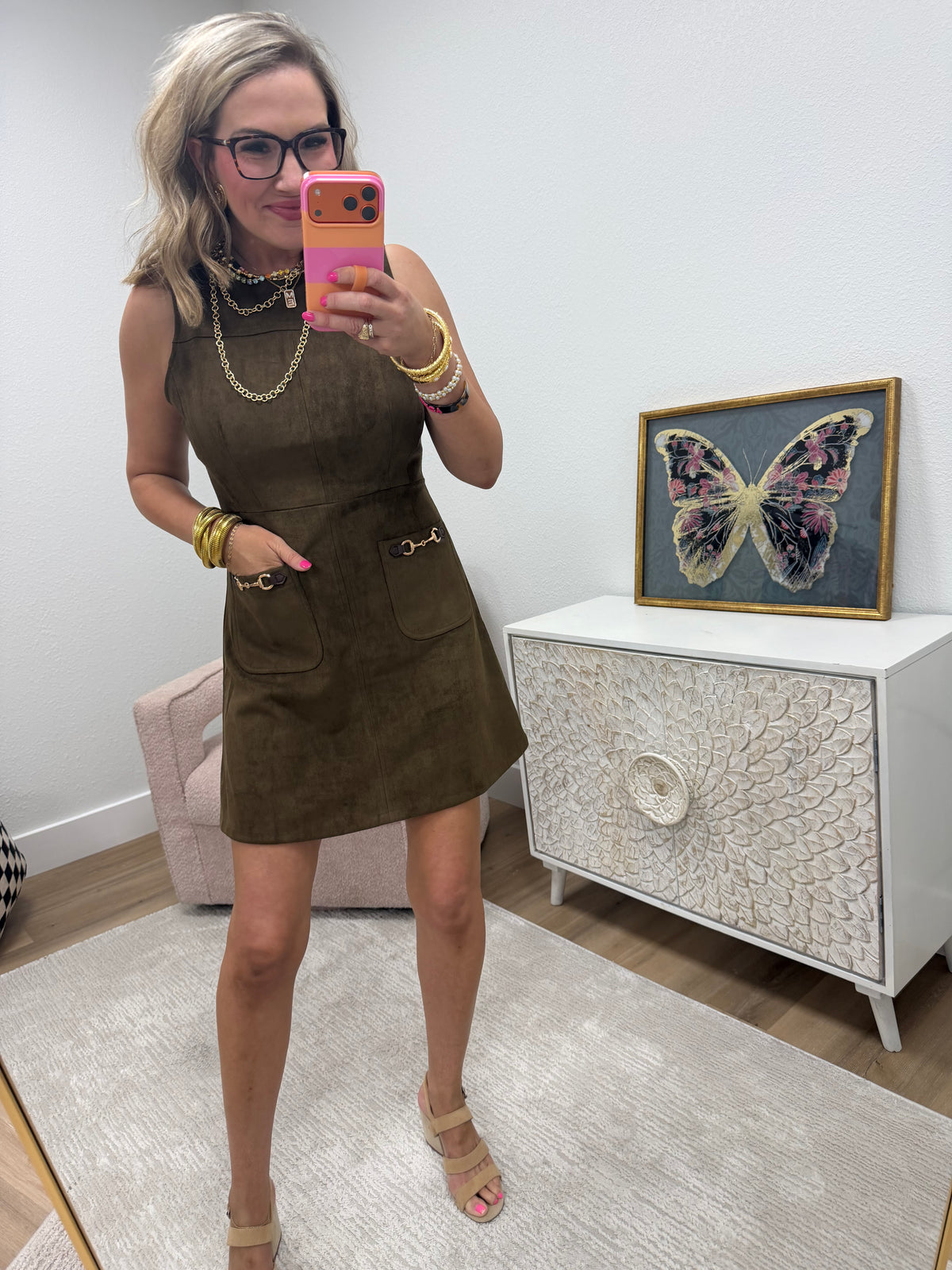 Brown Suede Sleeveless Dress with Horse bit Accents