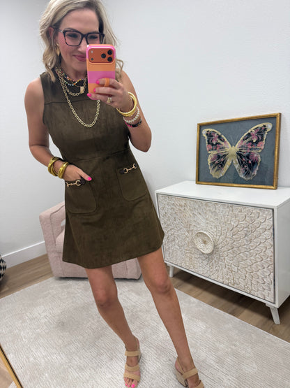 Brown Suede Sleeveless Dress with Horse bit Accents