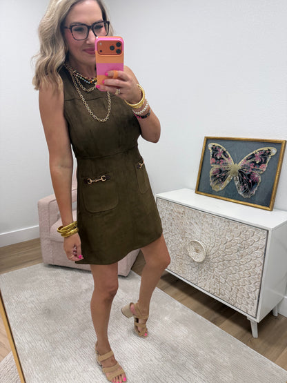 Brown Suede Sleeveless Dress with Horse bit Accents