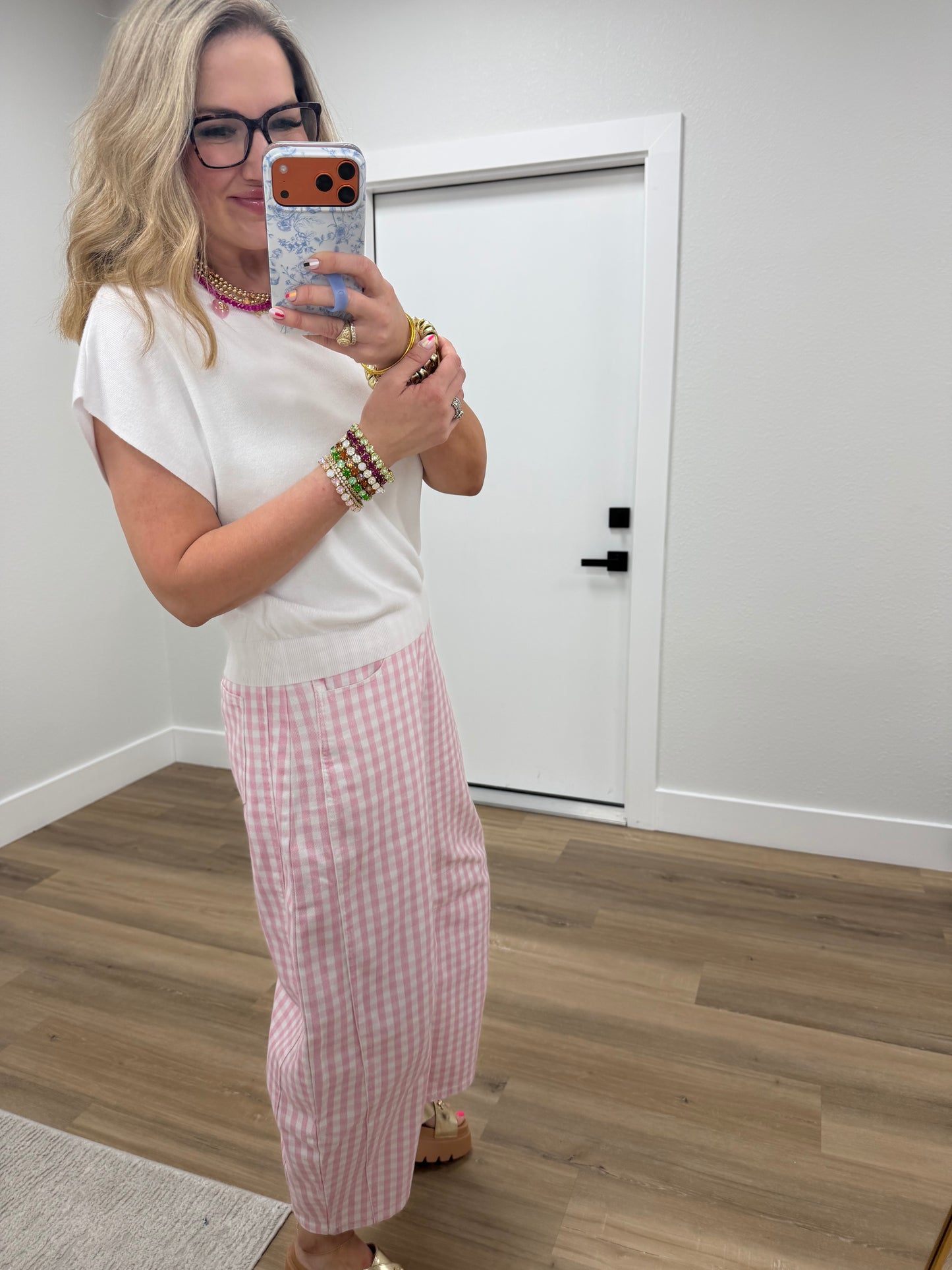 Light Pink Washed Gingham Printed Twill Barrel Pants