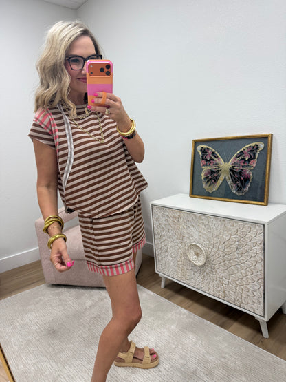 Coffee Coral Multi Striped Mixed Short Pants Set