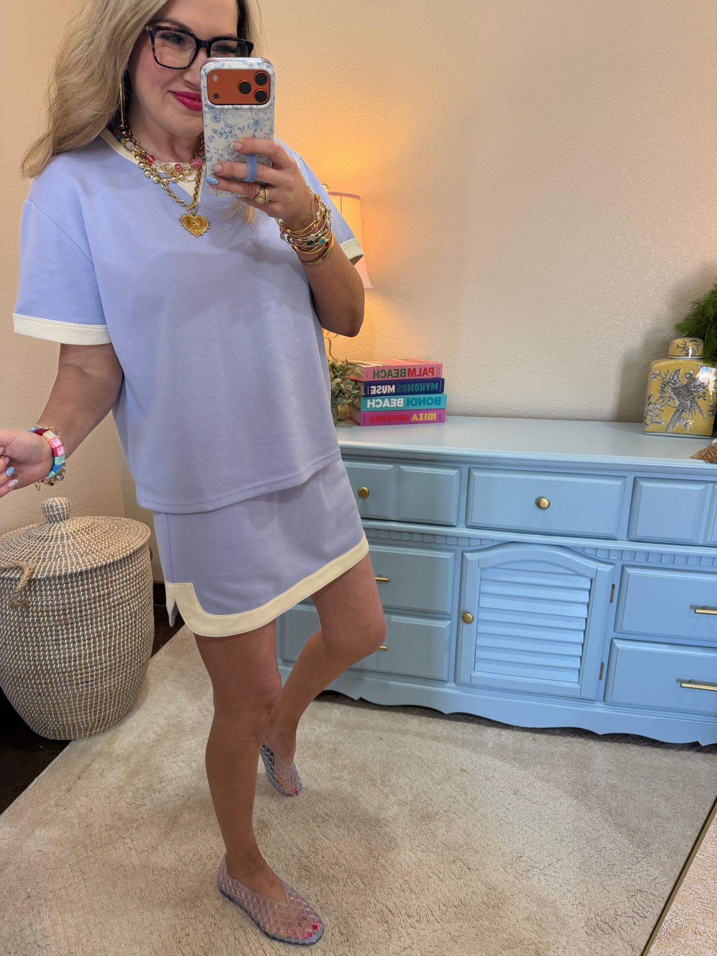 Periwinkle Knit Mini Skirt with Contrast Hem Detail Set