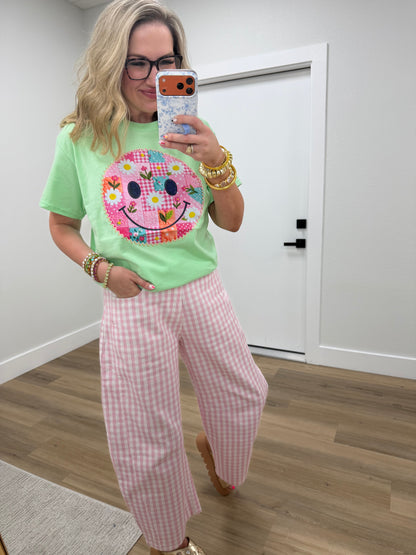 Light Pink Washed Gingham Printed Twill Barrel Pants