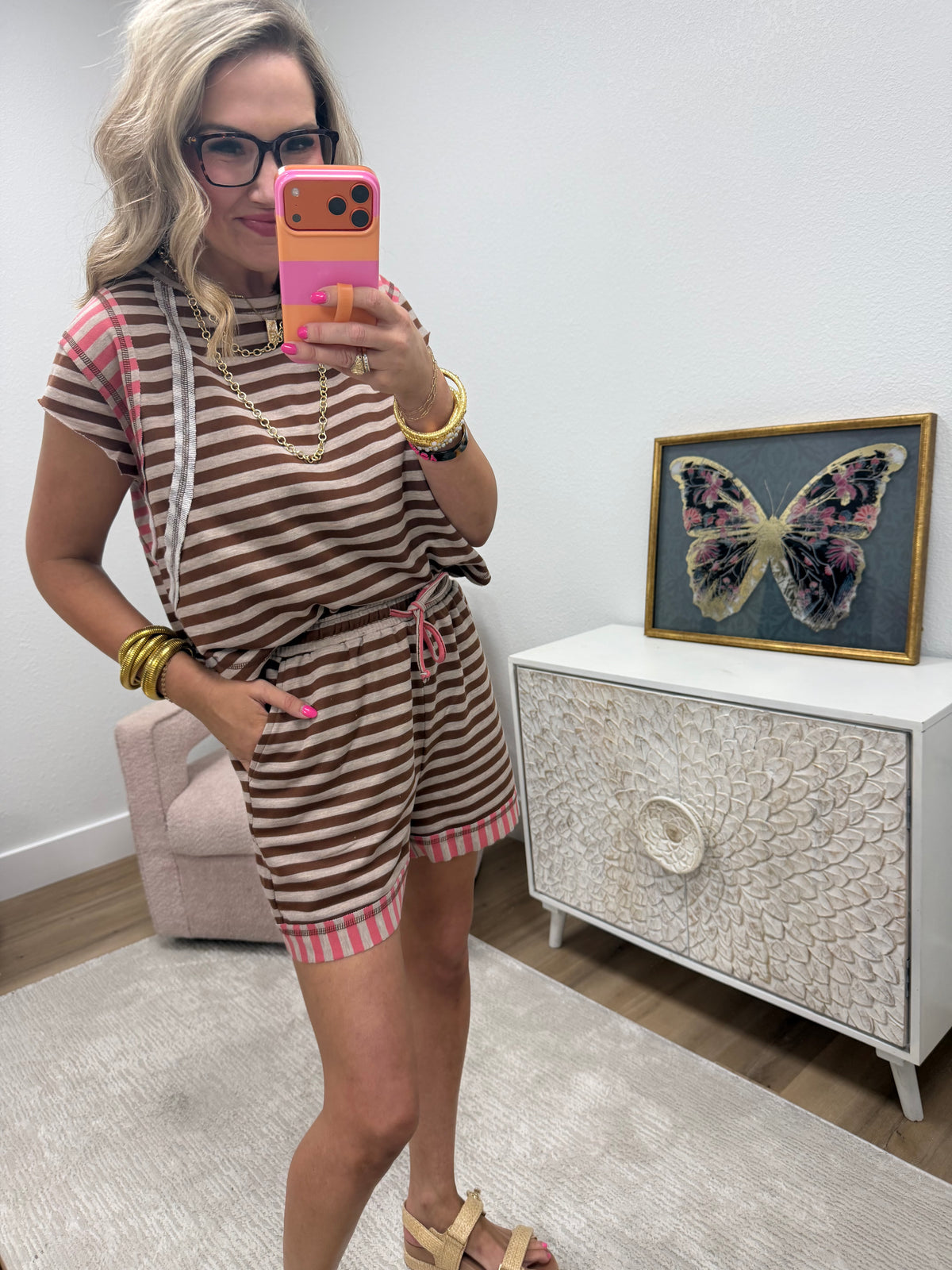 Coffee Coral Multi Striped Mixed Short Pants Set