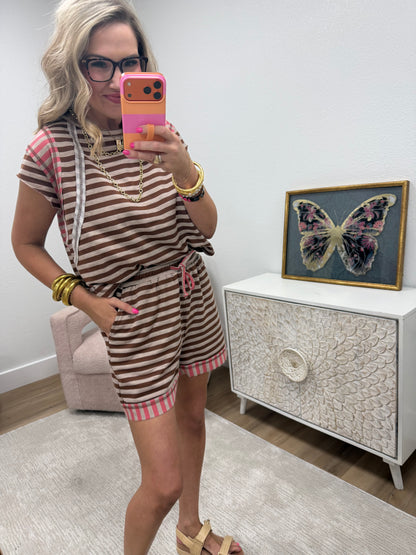 Coffee Coral Multi Striped Mixed Short Pants Set