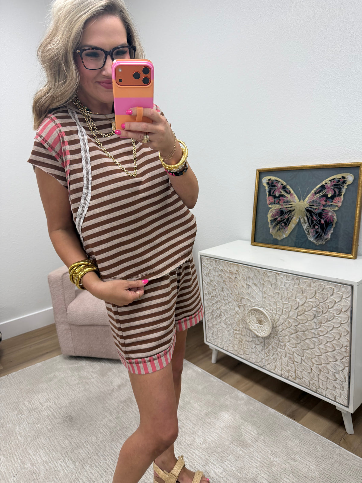 Coffee Coral Multi Striped Mixed Short Pants Set